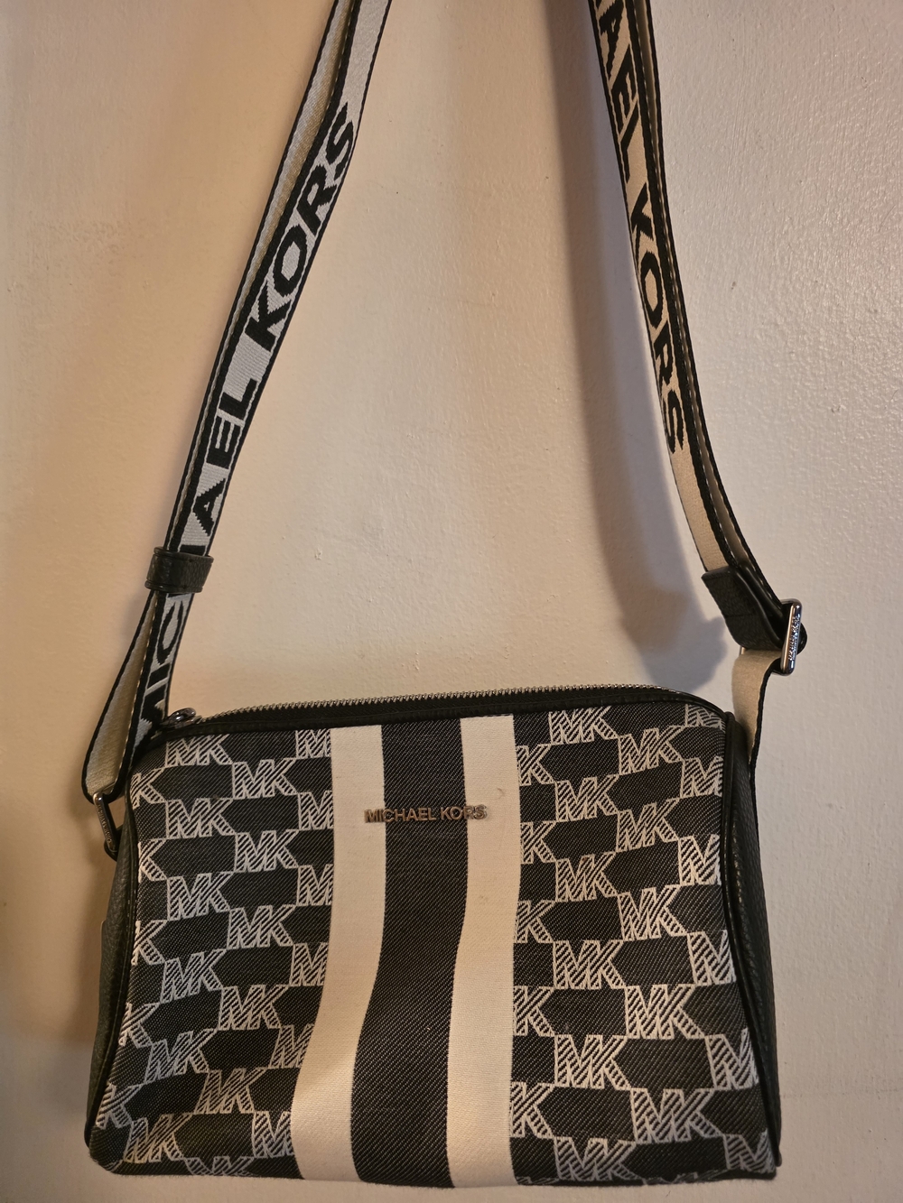 Michael Kors Black & White MK Logo Stripe Crossbody